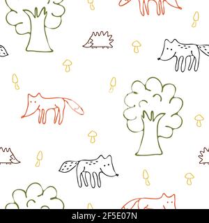 Seamless vector patter with outlined forest animals on white background. Children wallpaper design with simple fox, wolf, hedgehog and mushrooms. Stock Vector