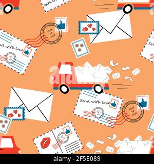 Seamless vector pattern with delivery van on pink background. Post office mail wallpaper design with envelopes. Transportation fashion textile. Stock Vector