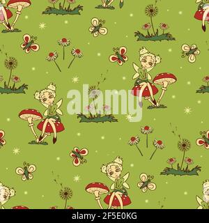 Seamless vector pattern with fairy's and mushrooms on green background. Fantasy forest wallpaper design for children. Cartoon magic fashion textile. Stock Vector