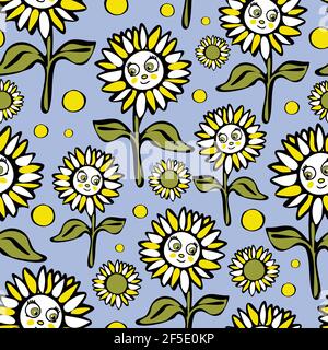 Seamless vector pattern with sunflowers on blue background. Fun cartoon floral wallpaper design for children. Hand drawn flower fashion textile. Stock Vector