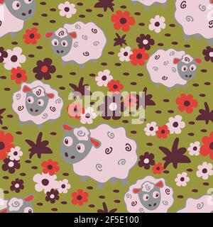 Seamless vector pattern with sheep and flowers on green background. Simple animal wallpaper design. Hand drawn farm fashion textile. Stock Vector