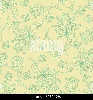 Seamless vector pattern with outline flowers on cream white background. Simple tropical floral wallpaper design. Romantic garden fashion textile. Stock Vector