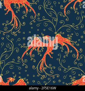 Seamless vector pattern with phoenix on blue background. Majestic fire bird wallpaper design with curved lines. Mythical creature fashion textile. Stock Vector