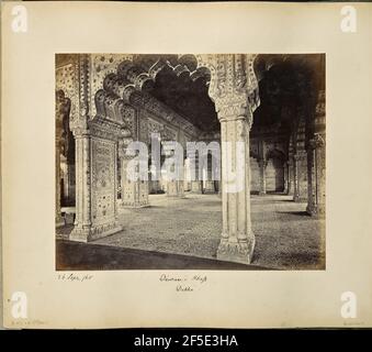 Delhi; The Palace, interior of the Dewan-i-Kass. Interior view of the Diwan-i-Khas, or the Hall of Private Audiences, in the Red Fort. The floor, ceiling, and supporting pillars are decorated with ornate carvings, mosaics, and marble inlay in geometric and floral patterns. The arches between the pillars are scalloped.. (Recto, image) lower left, handwritten in the negative: '1350' (Recto, mount) lower left, handwritten in black ink: '26 Sept /65' Lower left, handwritten in pencil: 'A42.12 (Bou)' Lower center, handwritten in black ink: 'Diwan-i-Khas / Delhi' Stock Photo