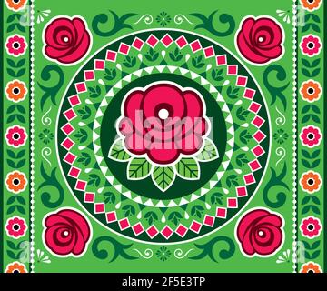 Pakistani and Indian truck art vector seamless pattern or horizontal poster design with roses, floral motif mandala, Diwali vibrant pattern Stock Vector