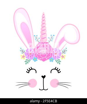 Bunny with floral headband wreath  - Cute bunny drawing. Funny calligraphy for spring holiday, Easter egg hunt. Perfect for advertising, poster, annou Stock Vector