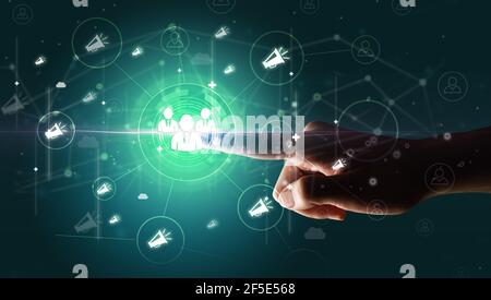 Businessman hand pressing stock graphic information on multitouch screen Stock Photo