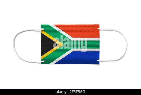 Flag of South Africa on a disposable surgical mask. White background isolated Stock Photo