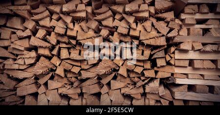 Wood pile background texture. Horizontal banner wallpaper Stock Photo