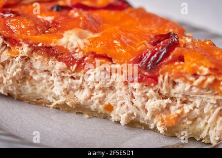 Piece of homemade quiche pie with chicken, dried tomatoes, cheddar cheese. Selective focus, macro Stock Photo
