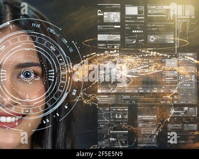 Asian women being futuristic vision over the Part of earth particle, digital technology screen over the eye vision background,security and command in Stock Photo