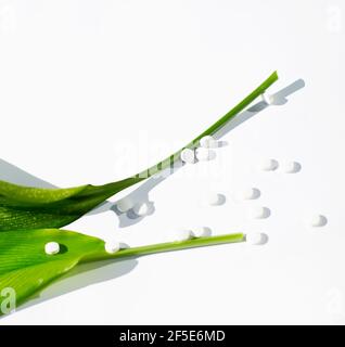 White pills and green stems of leaves. White background for copy space. Health medicine theme. Stock Photo