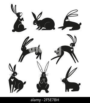 Silhouettes of black rabbits isolated on a white background. Easter bunnies in vector style. Silhouettes of animals. Set of hares. Stock Vector