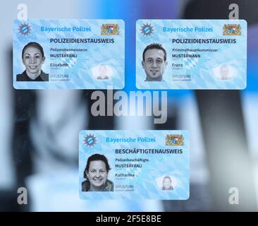 26 March 2021, Bavaria, Roding: Sample copies of the new Bavarian police service ID card, taken at a press event. After 35 years, the old green service cards will be replaced by a new, particularly forgery-proof card in credit card format. Photo: Tobias Hase/dpa Stock Photo