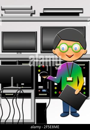 Cartoon of a cute Happy Computer Engineer, in his office.  This illustration is part of a collection of different professions. Stock Photo