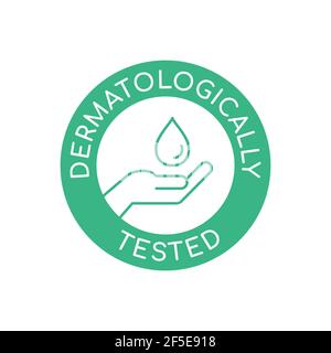 Dermatologically tested icon. Green circle stamp with a human palm. Safe personal hygiene product. Medically tested cosmetics. Healthy skin care. Stock Vector