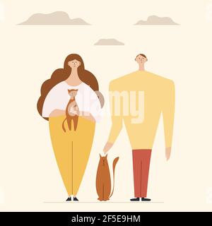 Happy young smiling couple man and woman surrounded by cute adorable pets. Colorful vector illustration in flat cartoon style. Stock Vector