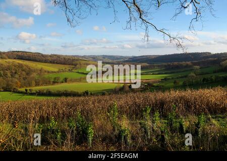View south east from Northend to Lower Northend Farm & the Turville Valley in the scenic Chiltern Hills; Northend, Oxfordshire/Buckinghamshire, UK Stock Photo