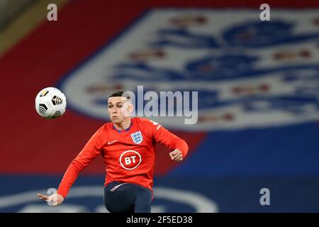 London, UK. 25th Mar, 2021. Phil Foden of England during pre match warm up.FIFA World Cup qualifier, group I match, England v San Marino at Wembley Stadium in London on Thursday 25th March 2021. this image may only be used for Editorial purposes. Editorial use only, license required for commercial use. No use in betting, games or a single club/league/player publications. pic by Andrew Orchard/Andrew Orchard sports photography/Alamy Live news Credit: Andrew Orchard sports photography/Alamy Live News Stock Photo