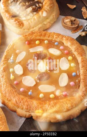 Mazurek traditional polish easter cake on wooden background with empty space for text Stock Photo