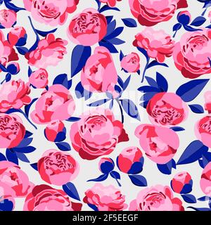 Vector seamless floral pattern. Bright decorative roses, peonies, leaves and bouons. Ideal for printing paper, fabric, wallpaper, tiles. Stock Vector