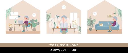 A set of senior women working from home. It's vector art so easy to edit. Stock Vector