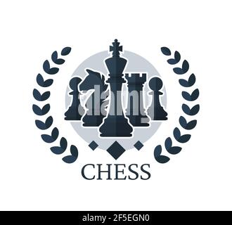 Chess vector emblem. Chess Pieces: King, Knight, Rook, Pawns with a wreath. Flat style. Vector illustration isolated on white background. Stock Vector