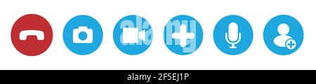Video call icons set. Web application buttons in flat design. Isolated web elements. Video calling conference interface design. Stock Vector