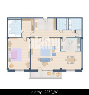 Architectural floor plan of the apartment. Colorful drawing. Top view with a set of furniture and plumbing equipment. Vector isolated Stock Vector