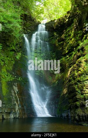 The Sgwd Einion Gam waterfall on the River Pyrddin in the Bannau Brycheiniog (Brecon Beacons) National Park, Powys, Wales. Stock Photo