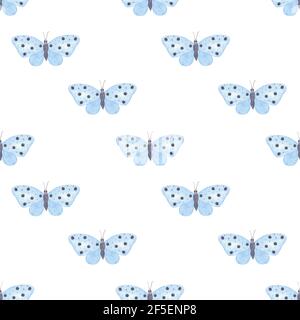 Blue butterflies seamless pattern watercolor illustration simple hand drawn illustration for textile, gift paper, spring holiday decor Stock Photo