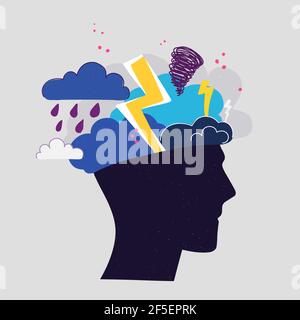 Mental health concept. Abstract image of a head with bad weather inside. Thunder, clouds and lightning as a symbol of depression, anger, poor morale Stock Vector