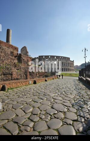 Italy, Rome, Roman Forum, Via Sacra, temple of Venus and Rome and Colosseum Stock Photo