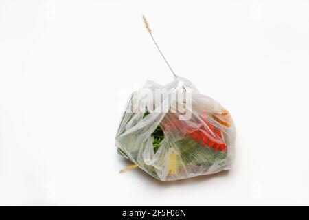 DEFOCUS. Plastic packaging. Red and green plants flowers in a plastic bag on a white background. A dry blade of grass sticks out. Ecological problems Stock Photo
