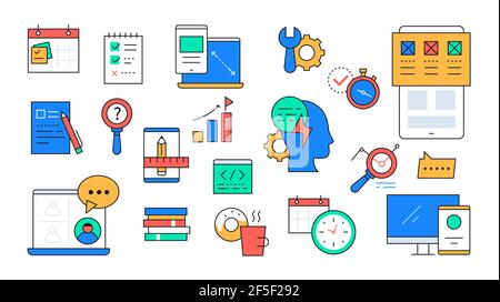 Web development and planning - line design style icons. Linear images of a daily plan, to do list, videoconference, briefing, sketching, adaptive inte Stock Vector