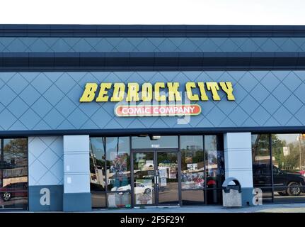 Houston, Texas USA 03-26-2021: Bedrock City comic company storefront in Houston, TX. Collectible bookstore chain established in 1990. Stock Photo