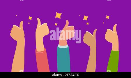 Raised hands thumbs up for success or good feedback. Flat cartoon vector illustration Stock Vector