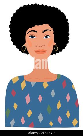 Portrait of young woman in blue dress. Beautiful girl face in modern flat style. Vector illustration Stock Vector