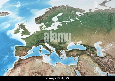 Physical map of Western Europe, with high resolution details. Flattened satellite view of Planet Earth and its geography - Elements furnished by NASA Stock Photo