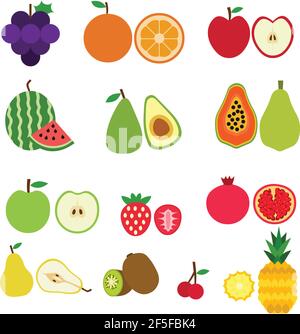 Set of fruits flat style illustration logo icon vector isolated on white background Stock Vector