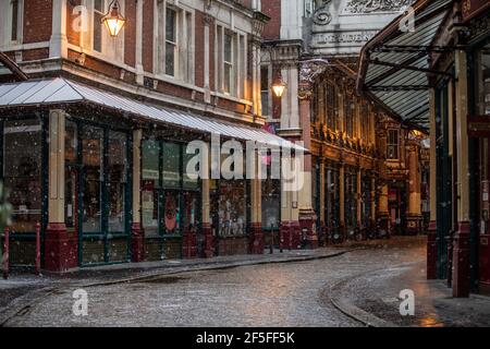 Leadenhall Market in the City of London stands deserted during the coronavirus lockdown winter months of 2021, England, United Kingdom Stock Photo