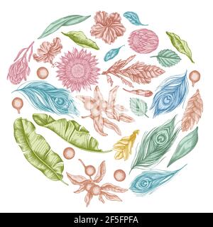 Round floral design with pastel banana palm leaves, hibiscus, solanum, bromeliad, peacock feathers, protea Stock Vector
