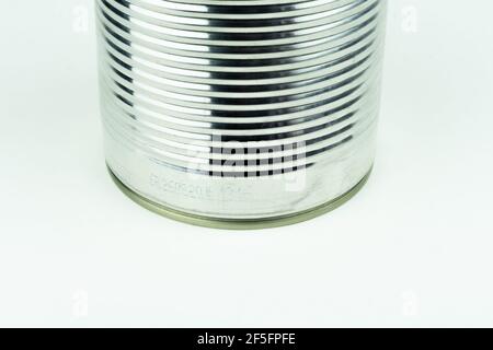 Metal tin can on white background Stock Photo