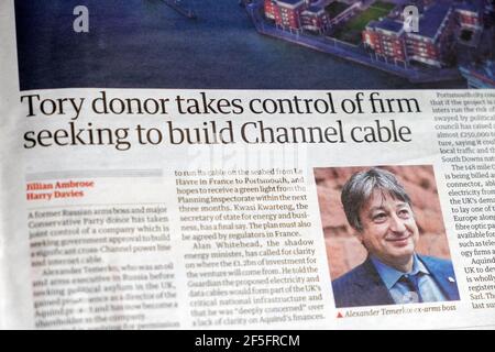 'Tory donor takes control of firm seeking to build Channel cable' Guardian newspaper headline political article on 11 March 2021 in London UK Stock Photo