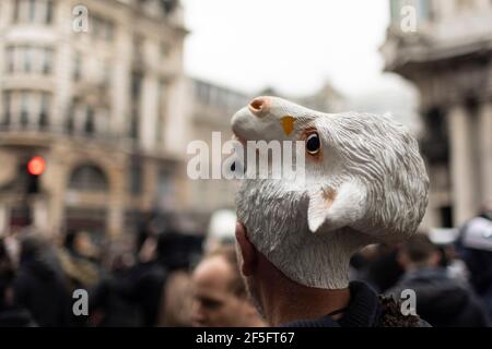 Anti-lockdown and anti Covid-19 vaccination protest, London, 20 March 2021. Close-up view of a protester's sheep mask.