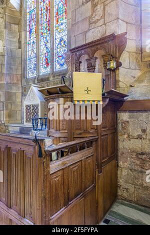 The pulpit in St Salvators Chapel, a late Gothic collegiate chapel belonging to the University of St Andrews, Fife, Scotland UK - The pulpit has suppo Stock Photo
