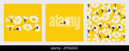 Set of decorative floral elements. Chamomile on a yellow background. Vector hand drawing flowers, buds, daisy wheel. Stock Vector