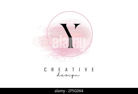 Y letter logo design with glittery round frame and pink watercolor background. Creative vector illustration with water drops. Stock Vector