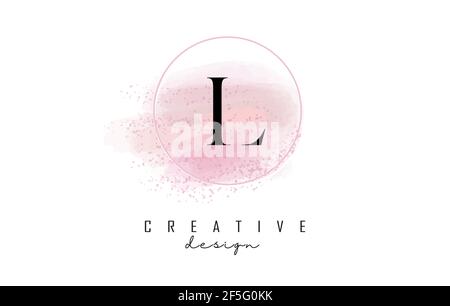 L letter logo design with glittery round frame and pink watercolor background. Creative vector illustration with water drops. Stock Vector
