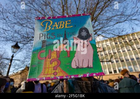 Bristol, UK. 26th Mar, 2021. A third day of protest in Bristol over the new law about protests takes place in College Green. Demonstrators hold placards. Credit: Peter Lopeman/Alamy Live News Stock Photo